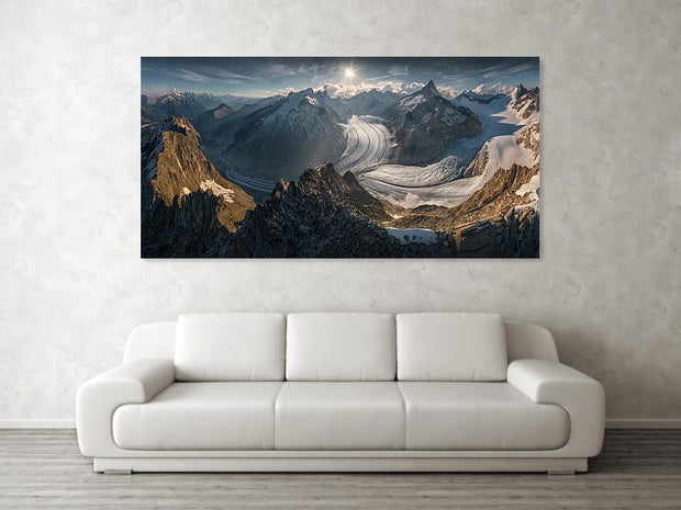 Mountain panorama print hanged on wall in room