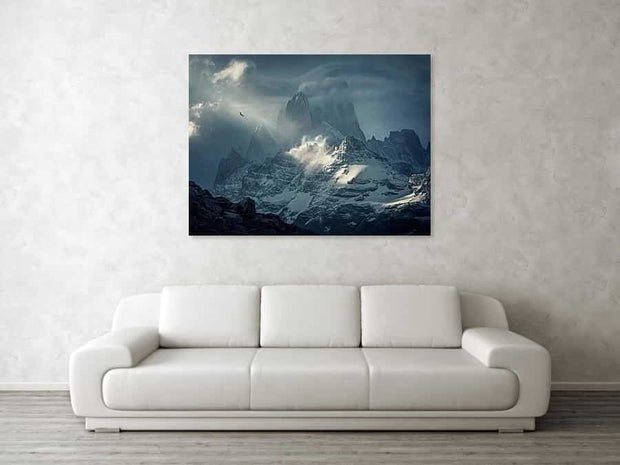 wall art canvas of patagonia storm photo with condor hanged in the living room