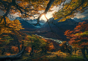 patagonia fall colors view with sun and river - canvas print preview
