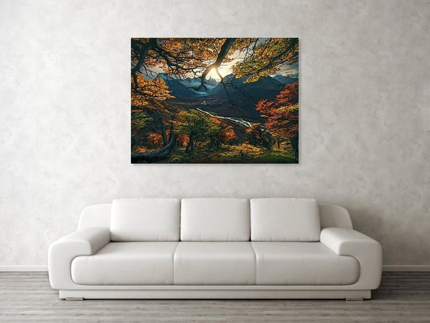 patagonia fall colors view with sun and river - canvas print hanged in a living room