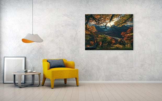 patagonia fall colors view with sun and river - canvas print hanged on wall