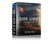 boxcover of photoshop side light tutorial with dolomites autumn mountain landscape with orange colored tree