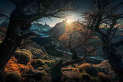 photoshop edited landscape of patagonian autumn landscape with setting sun on top fitz roy