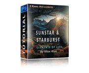 boxcover of sunstar and starburst photoshop tutorial with patagonian autumn landscape with setting sun on top fitz roy