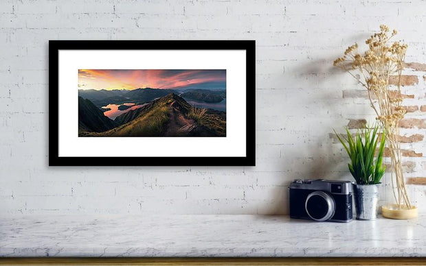 framed print of roys peak panorama at sunset - small size on wall