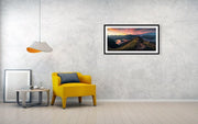 framed art print of roys peak panorama at sunset - hanged in house