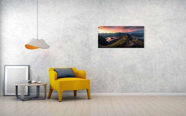 Roys Peak Sunset Panorama view by Max Rive - person enjoying the view - hanged on the wall as metal print