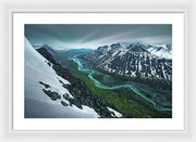 Rapadalen framed print spring season in sarek of river and mountains - white frame white mat - medium plus size