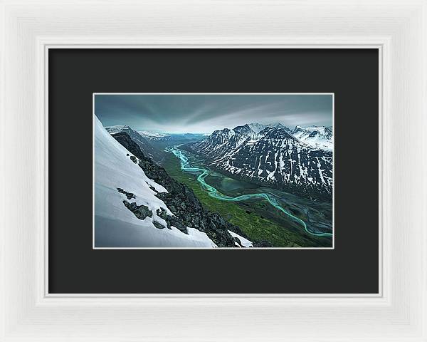 Rapadalen framed print spring season in sarek of river and mountains - white frame black mat - smallest size