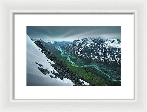 Rapadalen framed print spring season in sarek of river and mountains - white frame white mat - small size