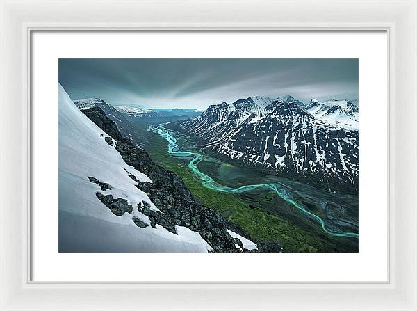 Rapadalen framed print spring season in sarek of river and mountains - white frame white mat - medium size