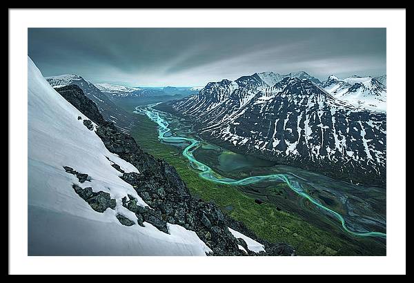 Rapadalen framed print spring season in sarek of river and mountains - black framed white mat - extra large size