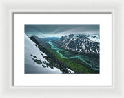 Rapadalen framed print spring season in sarek of river and mountains - white frame white mat - extra small size