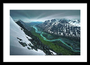 Rapadalen framed print spring season in sarek of river and mountains - black framed white mat - medium size
