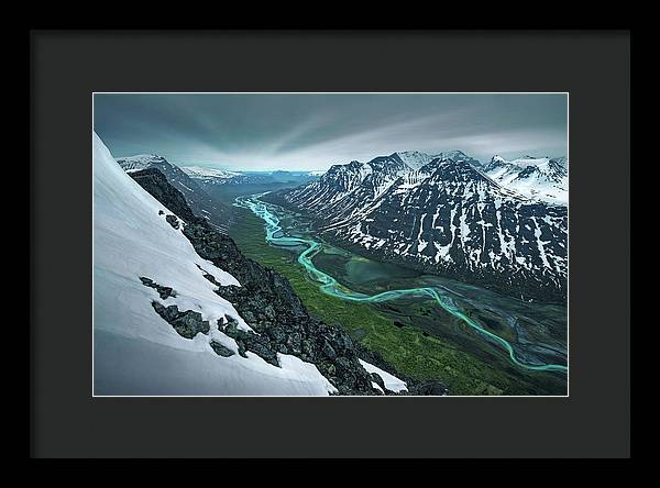 Rapadalen framed print spring season in sarek of river and mountains - black framed black mat - small size
