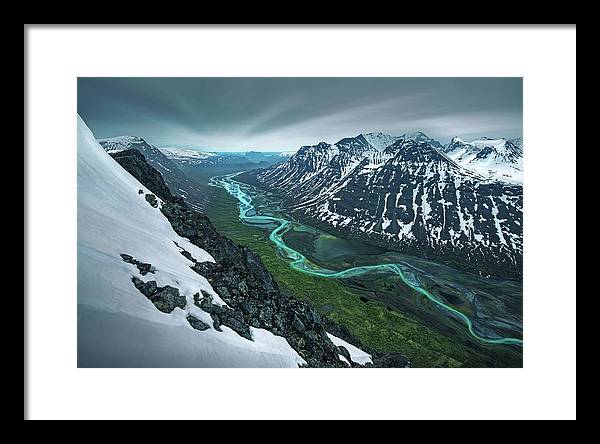 Rapadalen framed print spring season in sarek of river and mountains - black framed white mat - medium small size