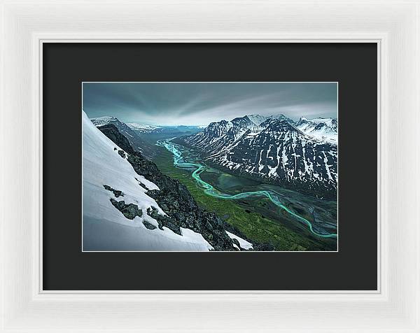 Rapadalen framed print spring season in sarek of river and mountains - white frame black mat - small size
