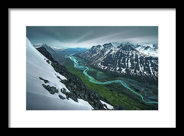 Rapadalen framed print spring season in sarek of river and mountains - black framed white mat - small size