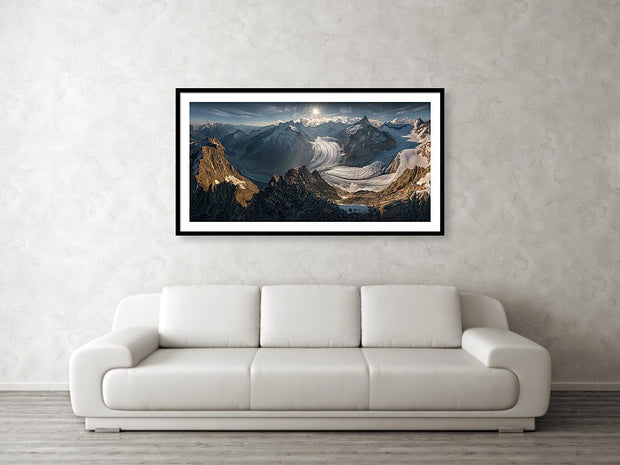 framed print hanged on wall of a swiss landscape in big size