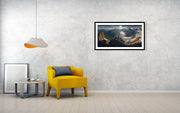 framed print hanged on wall of a swiss landscape