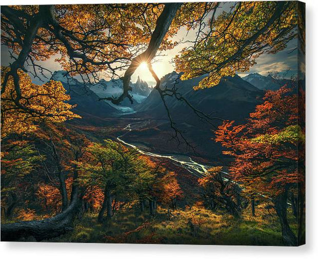 patagonia fall colors view with sun and river - canvas print with mirrored sides