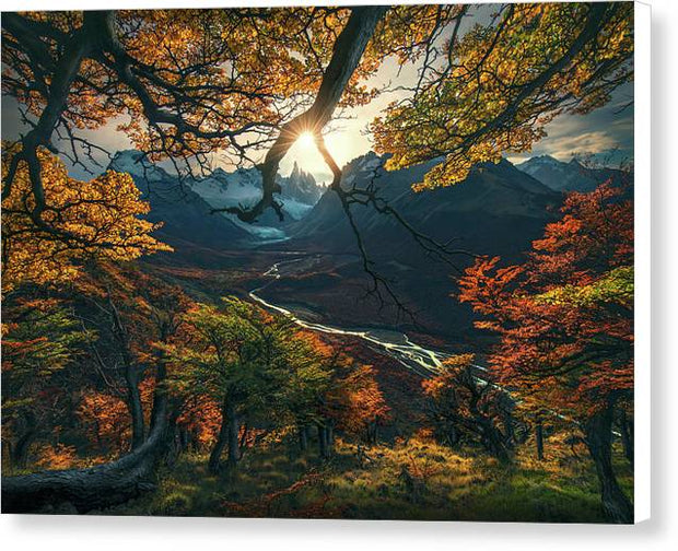 patagonia fall colors view with sun and river - canvas print with white sides