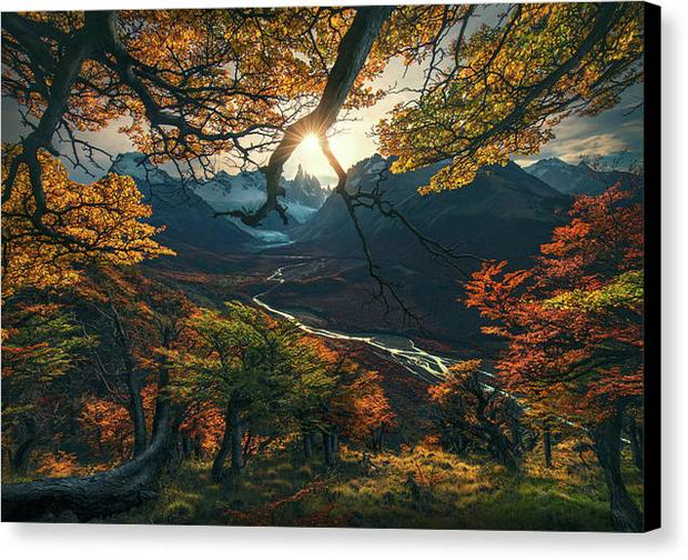 patagonia fall colors view with sun and river - canvas print with black sides