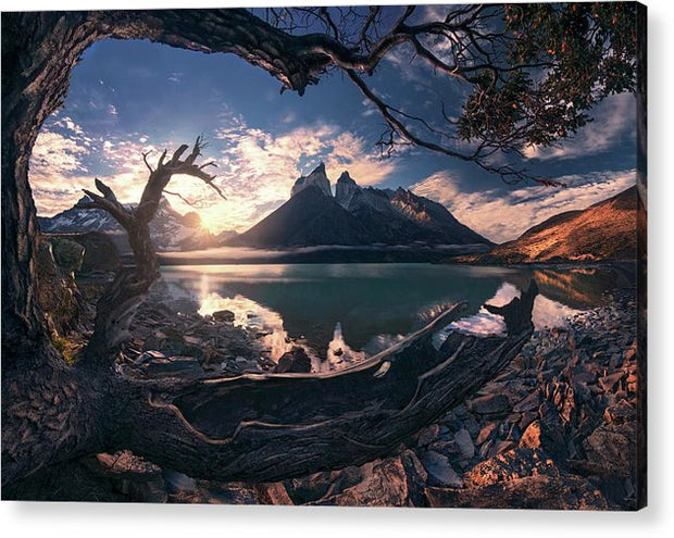 Acrylic print of Torres del Paine mountain landscape with hanging wire