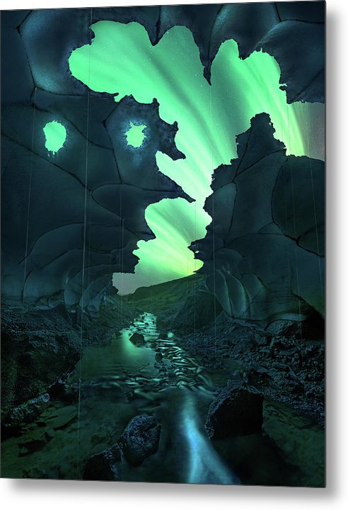 Iceland Ice Cave Aurora - Metal Print