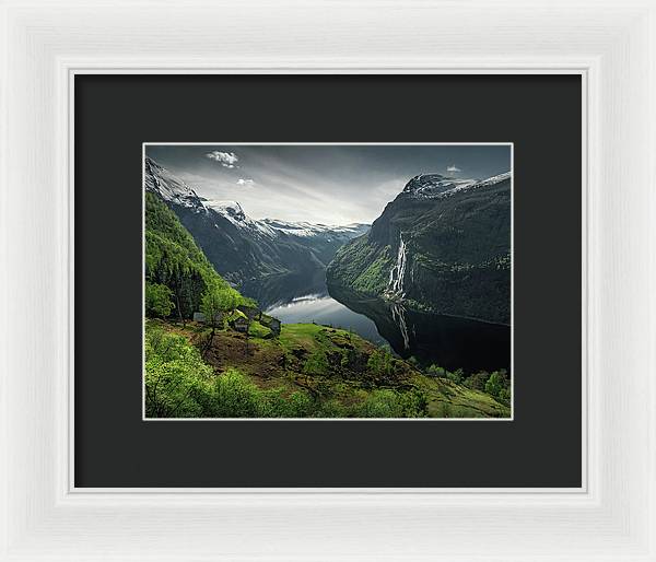 Geirangerfjord framed Print by max Rive with white frame and black mat - small size