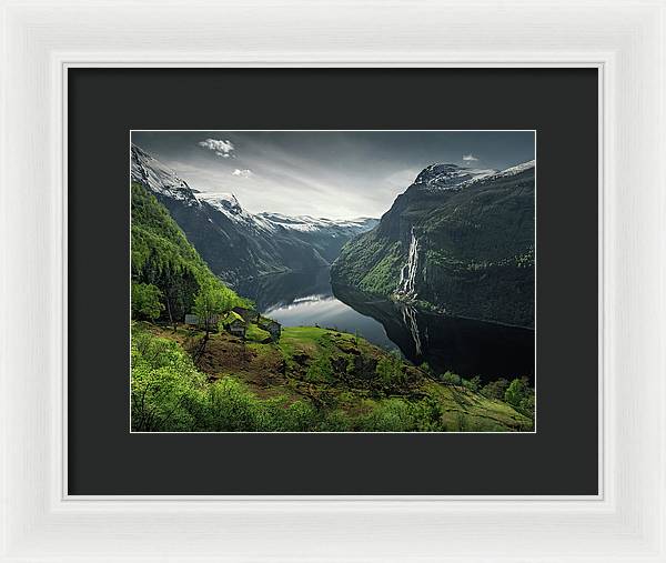 Geirangerfjord framed Print by max Rive with white frame and black mat - larger than small size