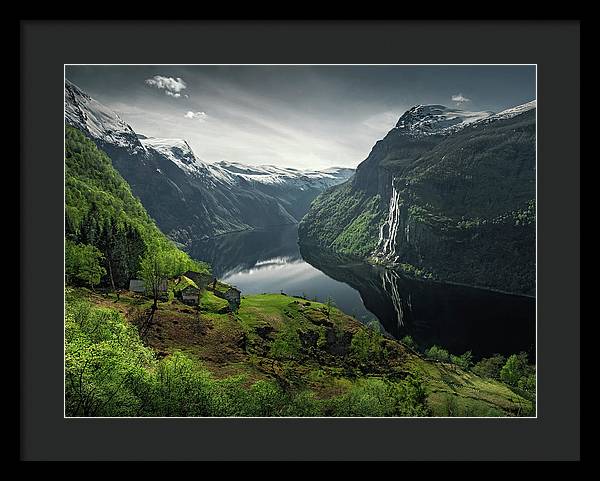 Geirangerfjord framed Print by max Rive with black frame and black mat - large size