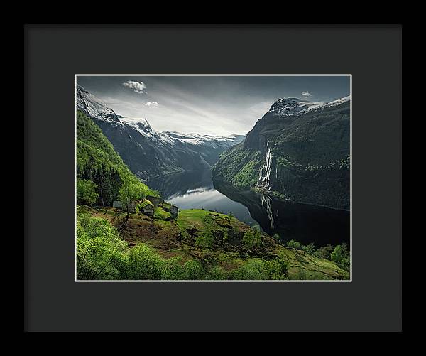 Geirangerfjord framed Print by max Rive with black frame and black mat - small size