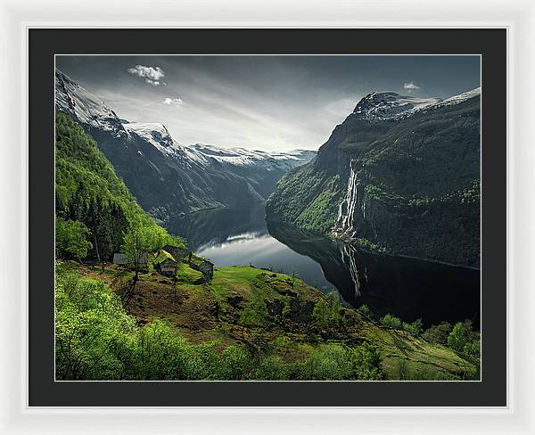Geirangerfjord framed Print by max Rive with white frame and black mat - extra large size