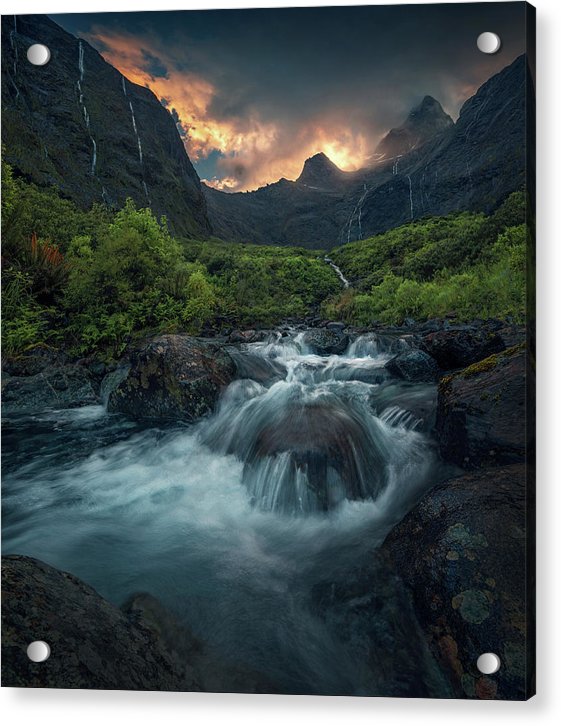 New Zealand Waterfall Sunrise - Acrylic Print