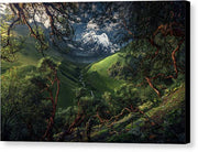 canvas print of green mountain in peru with black borders