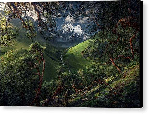 canvas print of green mountain in peru with black borders