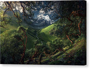 canvas print of green mountain in peru with mirrored borders