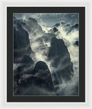 China Mountains framed print - clouds and vertical mountain walls - black mat and white frame