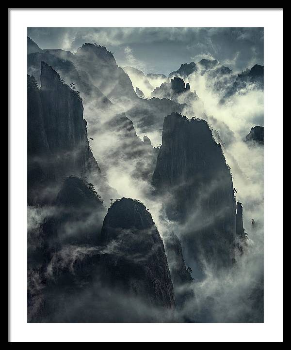 China Mountains framed print - clouds and vertical mountain walls - white mat and black frame