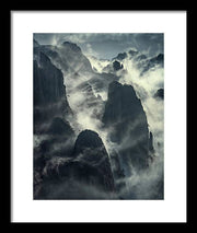 China Mountains framed print - clouds and vertical mountain walls - white mat and black frame