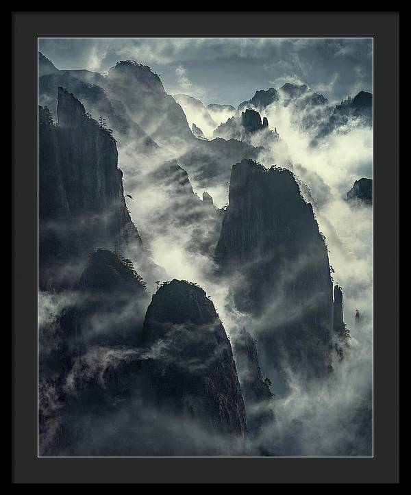 China Mountains framed print - clouds and vertical mountain walls - black mat and black frame
