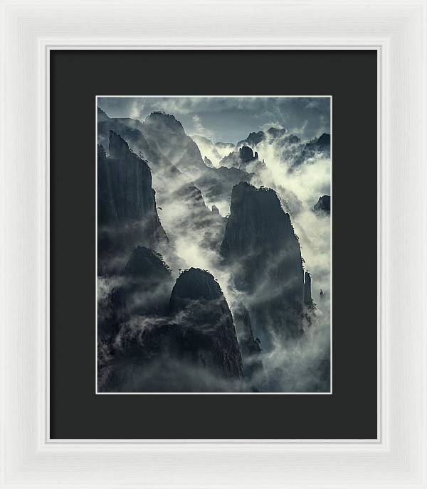China Mountains framed print - clouds and vertical mountain walls - black mat and white frame