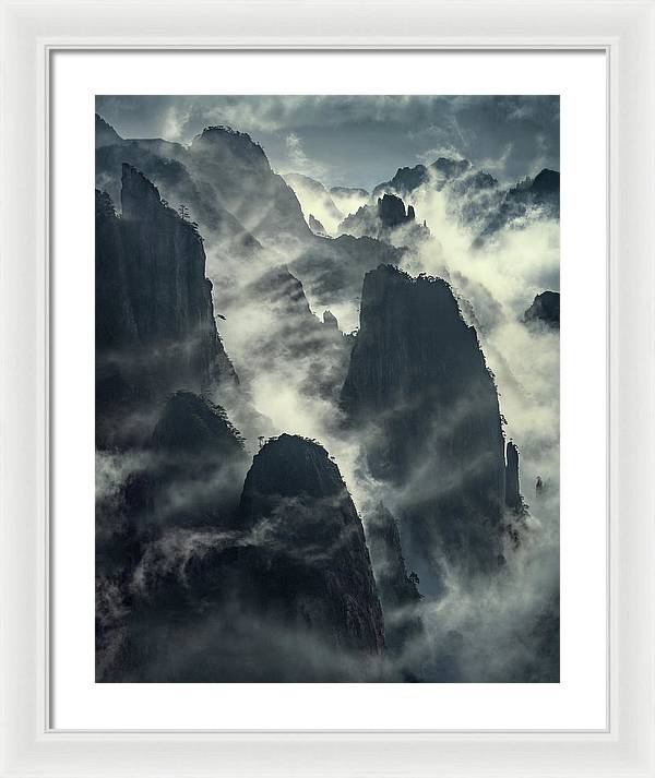 China Mountains framed print - clouds and vertical mountain walls - white mat and white frame