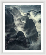 China Mountains framed print - clouds and vertical mountain walls - white mat and white frame