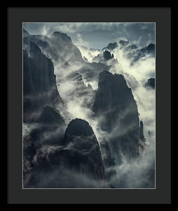 China Mountains framed print - clouds and vertical mountain walls - black mat and black frame