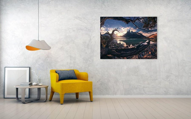 Acrylic print hanged on wall of landscape in Torres del paine