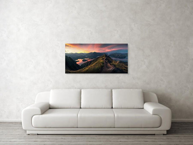 Acrylic print hanged in living-room of wanaka new zealand landscape at sunset with person standing on roy's peak