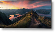 Roys Peak Sunset Panorama view by Max Rive - person enjoying the view - metal print 