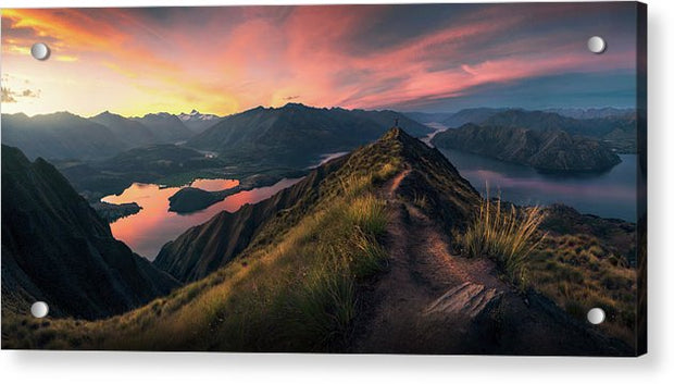 Acrylic print preveiw of wanaka new zealand landscape at sunset with person standing on roy's peak - with aluminum mounting posts